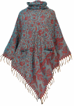 [G50568] Poncho Hippie chic, langer Paisley Poncho mit gerafftem Kragen - petrol/rot 
